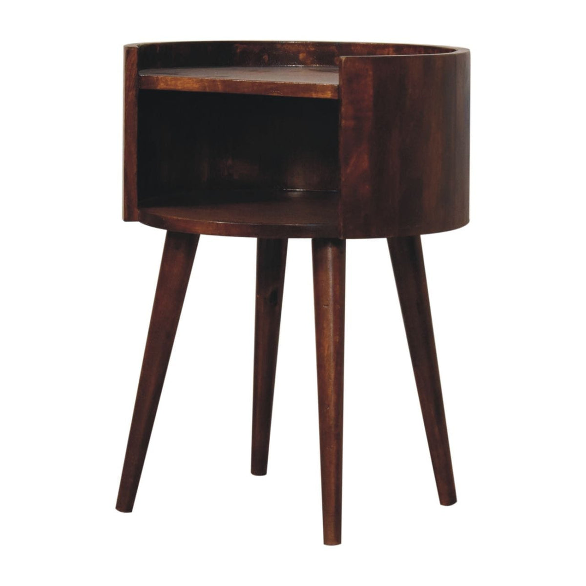 Chestnut Round Open Slot Nightstand - Solid Mango Wood Bedside Table for Bedroom - product view 2 showing handcrafted...