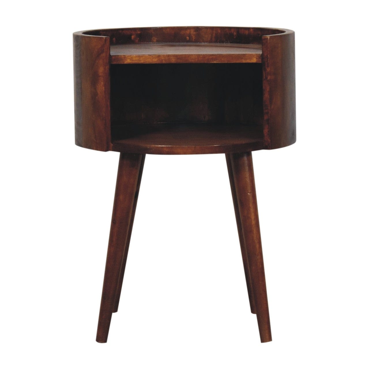 Chestnut Round Open Slot Nightstand - Solid Mango Wood Bedside Table for Bedroom - main view showing handcrafted solid...