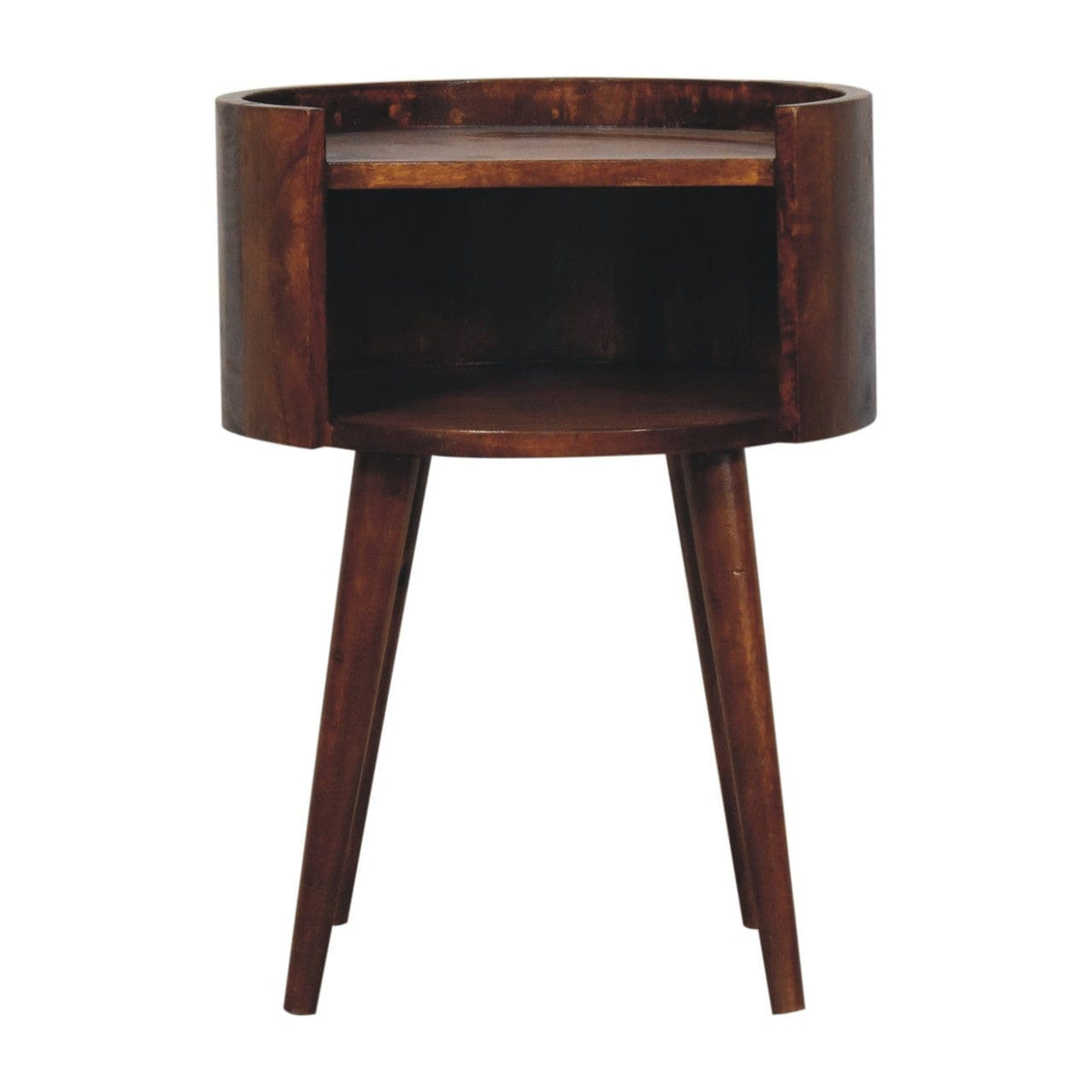 Chestnut Round Open Slot Nightstand - Solid Mango Wood Bedside Table for Bedroom - main view showing handcrafted solid...