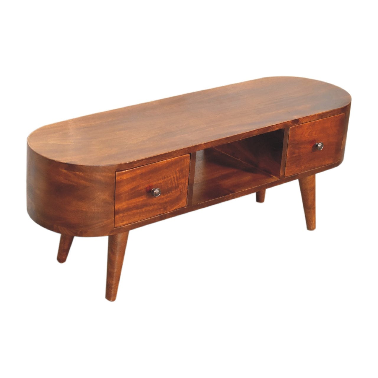 Chestnut Round Open TV Stand - Solid Mango Wood Entertainment Center for Living Room - product view 8 showing handcrafted...