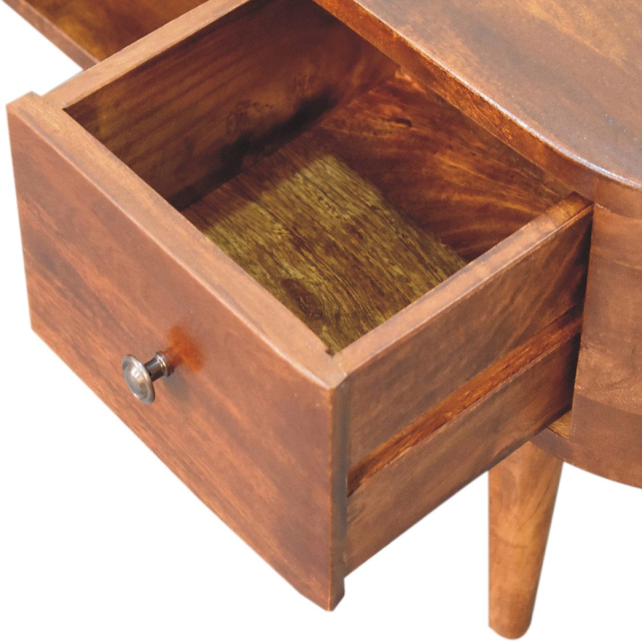 Chestnut Round Open TV Stand - Solid Mango Wood Entertainment Center for Living Room - product view 7 showing handcrafted...