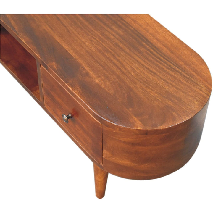 Chestnut Round Open TV Stand - Solid Mango Wood Entertainment Center for Living Room - product view 6 showing handcrafted...