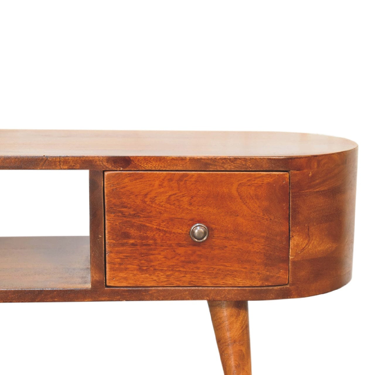 Chestnut Round Open TV Stand - Solid Mango Wood Entertainment Center for Living Room - product view 5 showing handcrafted...