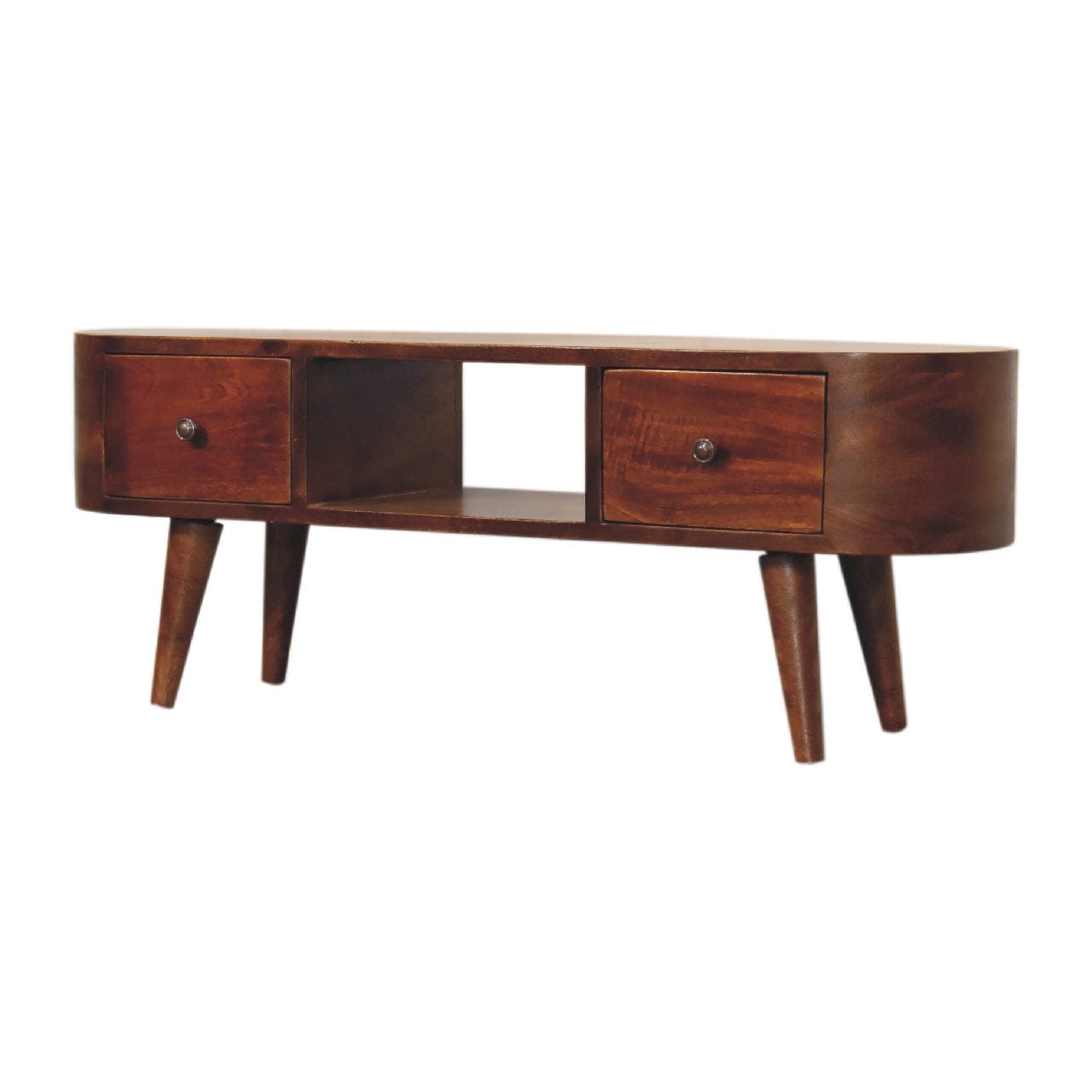 Chestnut Round Open TV Stand - Solid Mango Wood Entertainment Center for Living Room - product view 4 showing handcrafted...