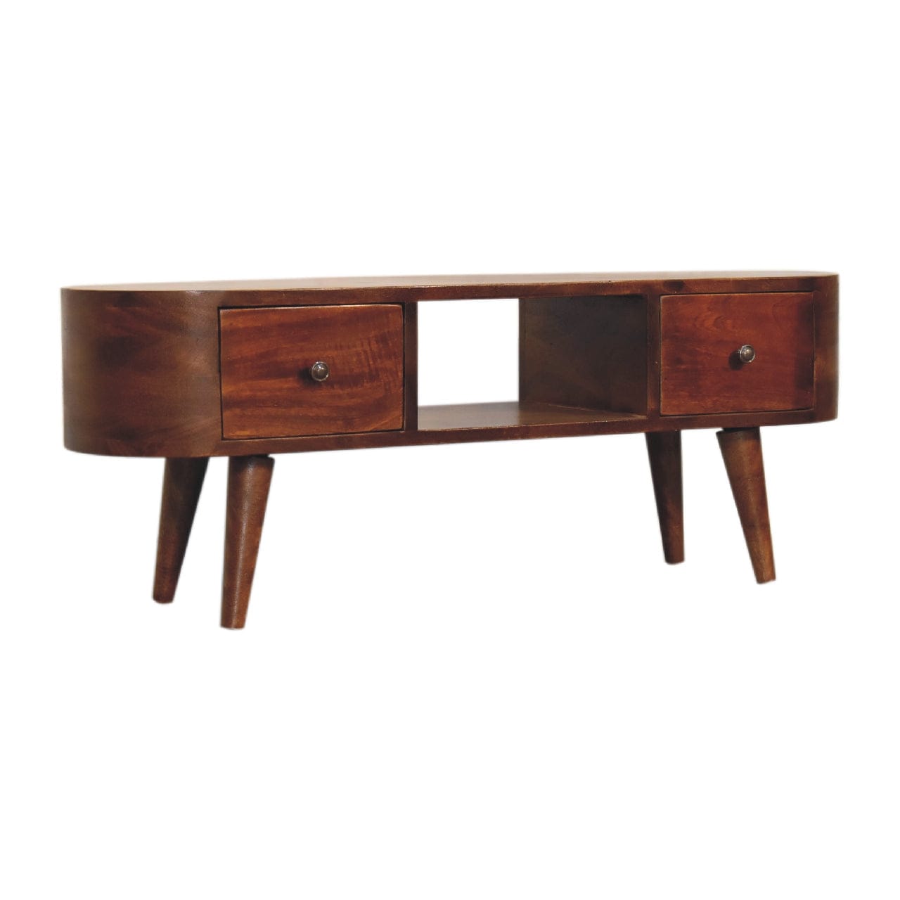 Chestnut Round Open TV Stand - Solid Mango Wood Entertainment Center for Living Room - product view 3 showing handcrafted...