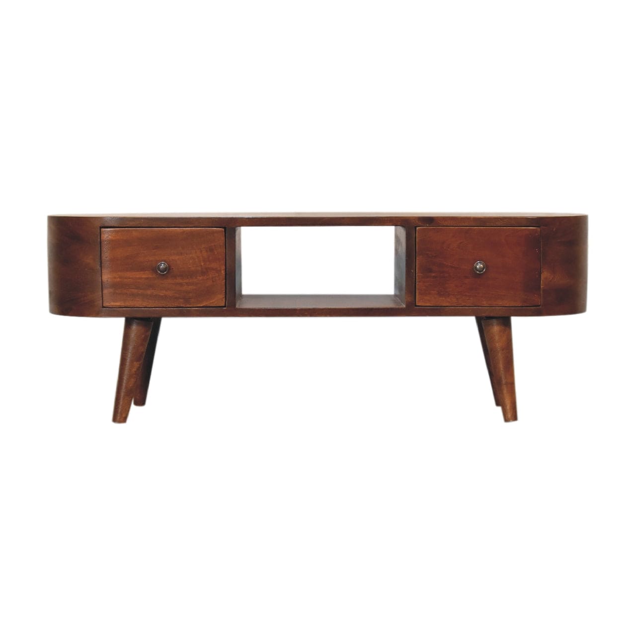 Chestnut Round Open TV Stand - Solid Mango Wood Entertainment Center for Living Room - product view 2 showing handcrafted...