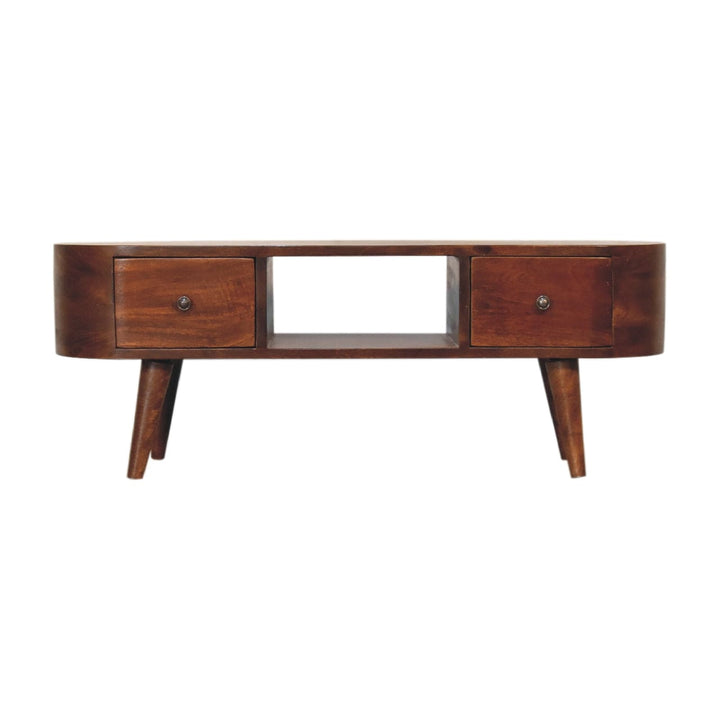 Chestnut Round Open TV Stand - Solid Mango Wood Entertainment Center for Living Room - product view 2 showing handcrafted...