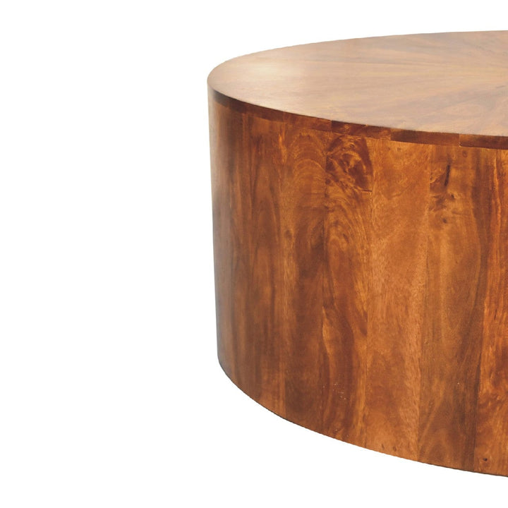 Chestnut Round Wooden Coffee Table - Solid Mango Wood Center Table for Living Room - product view 7 showing handcrafted...
