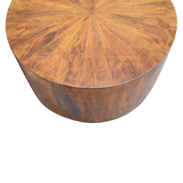 Chestnut Round Wooden Coffee Table - Solid Mango Wood Center Table for Living Room - product view 5 showing handcrafted...