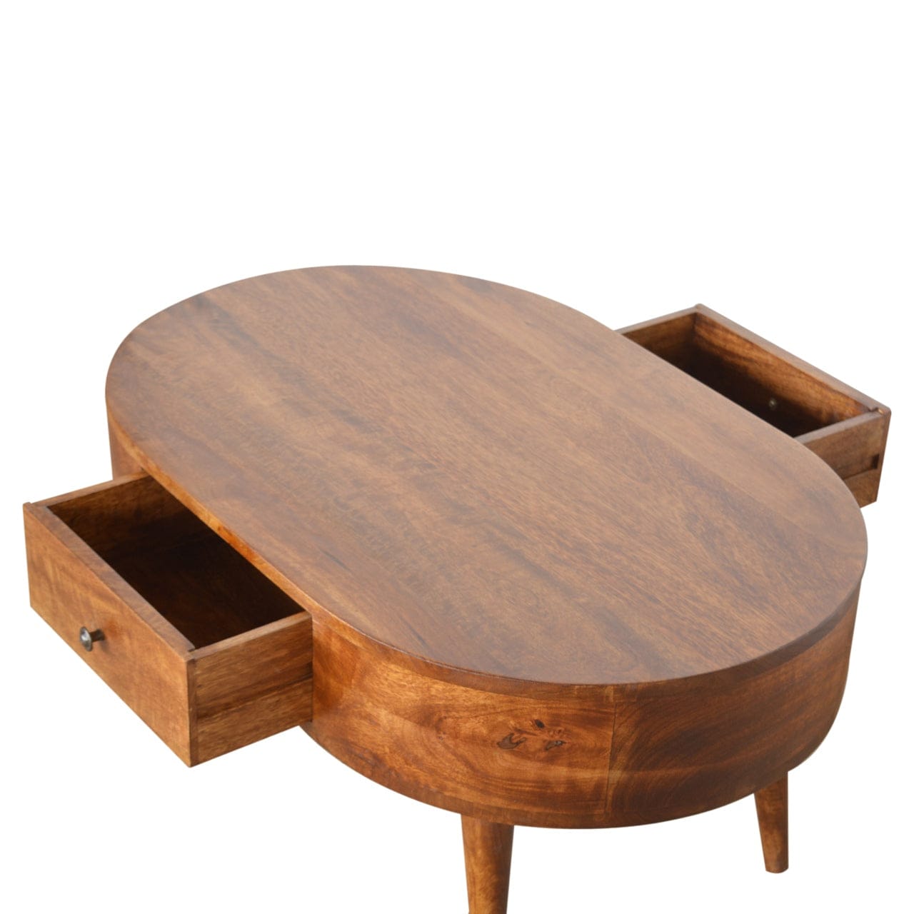 Chestnut Rounded Coffee Table - Solid Mango Wood Center Table for Living Room - product view 5 showing handcrafted solid...