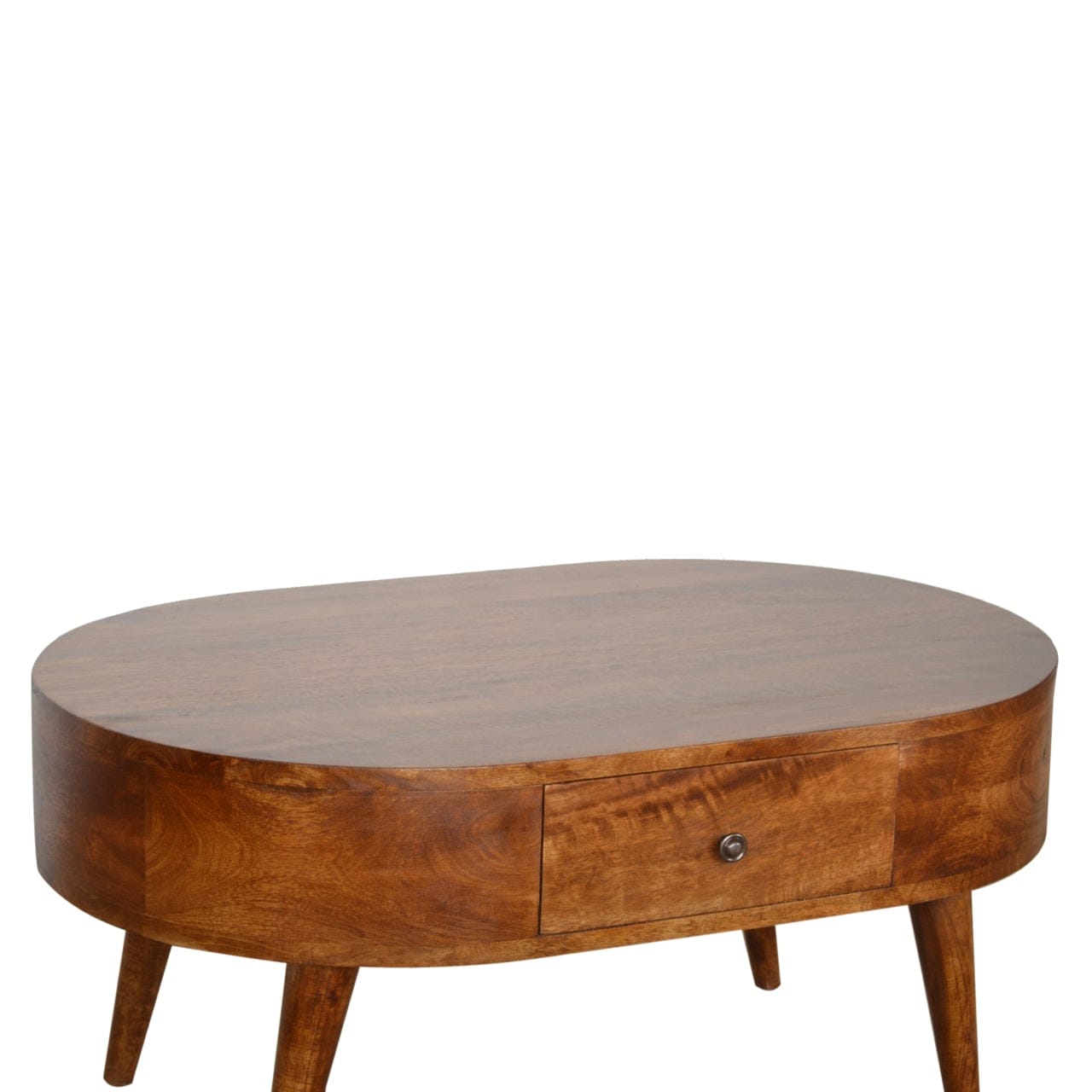 Chestnut Rounded Coffee Table - Solid Mango Wood Center Table for Living Room - product view 4 showing handcrafted solid...
