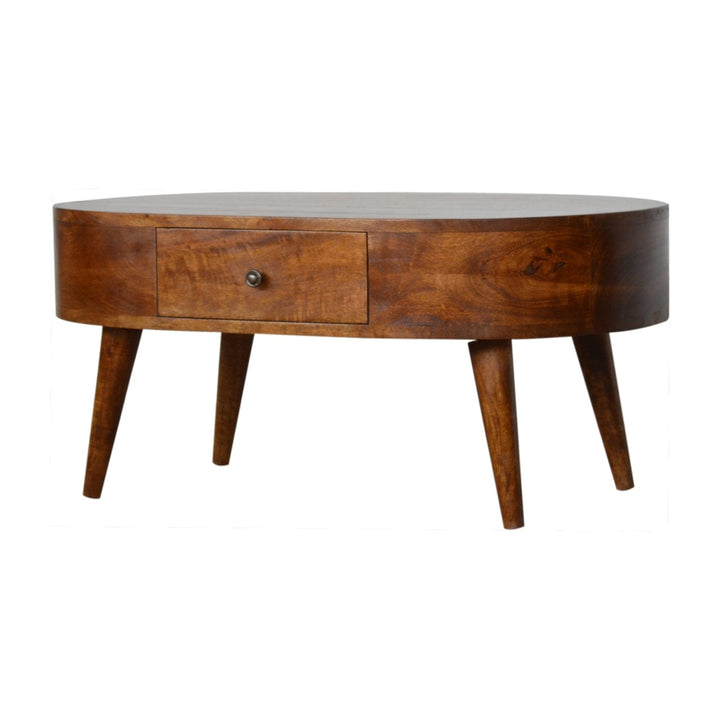 Chestnut Rounded Coffee Table - Solid Mango Wood Center Table for Living Room - product view 3 showing handcrafted solid...
