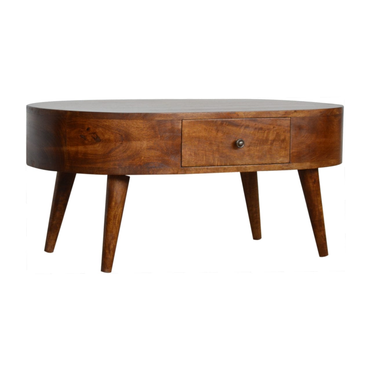 Chestnut Rounded Coffee Table - Solid Mango Wood Center Table for Living Room - product view 2 showing handcrafted solid...