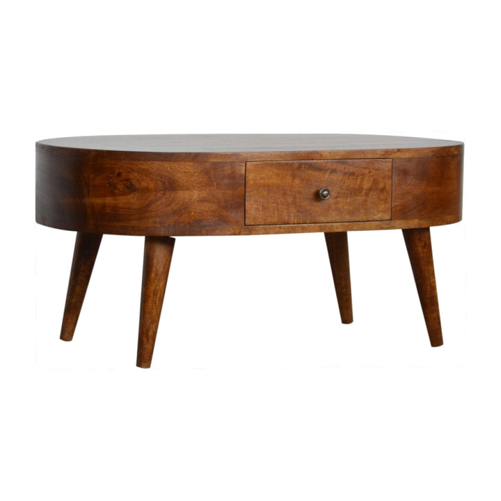 Chestnut Rounded Coffee Table - Solid Mango Wood Center Table for Living Room - product view 2 showing handcrafted solid...