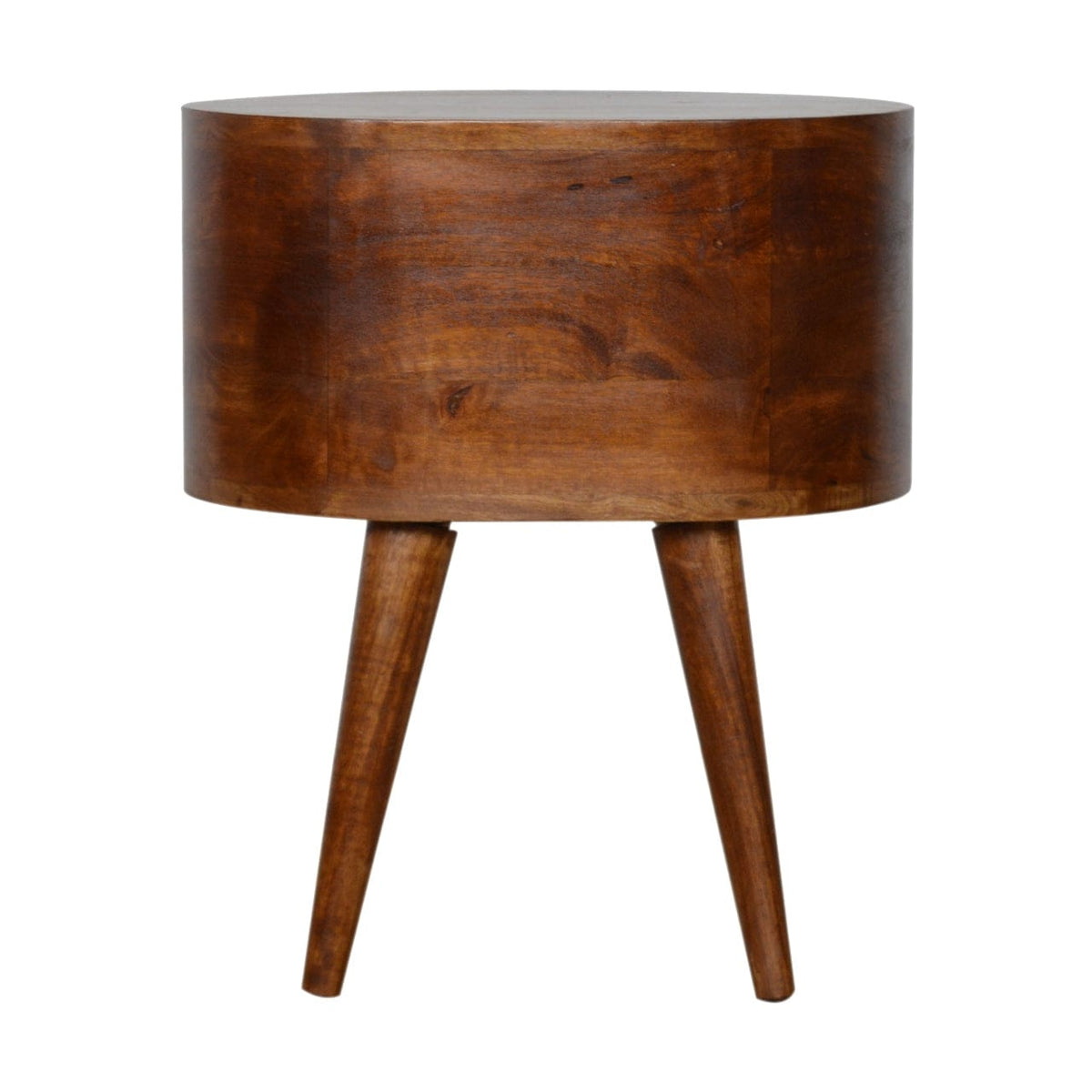 Chestnut Rounded Nightstand - Solid Mango Wood Bedside Table for Bedroom - product view 9 showing handcrafted solid mango...