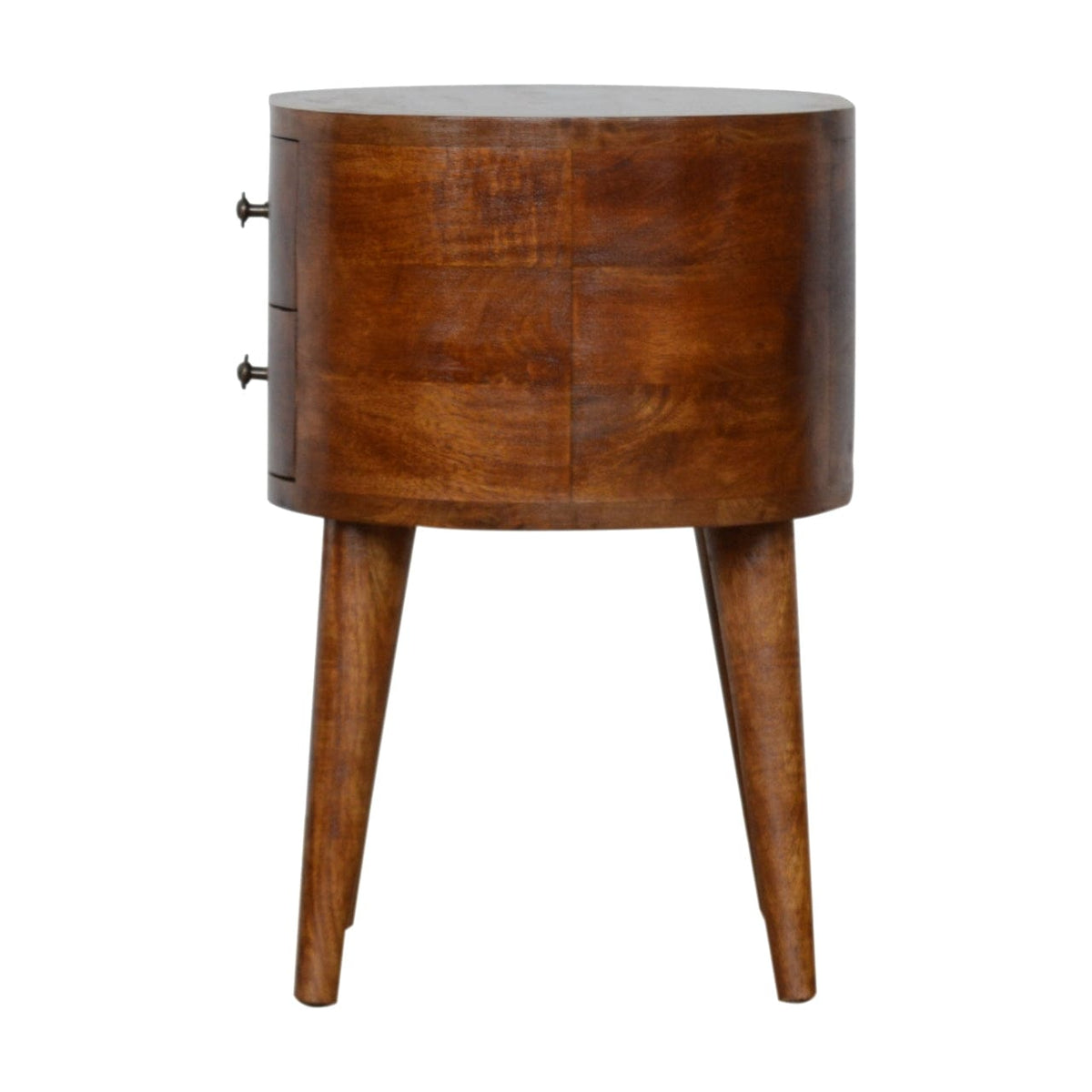 Chestnut Rounded Nightstand - Solid Mango Wood Bedside Table for Bedroom - product view 8 showing handcrafted solid mango...