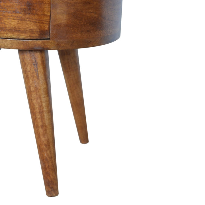Chestnut Rounded Nightstand - Solid Mango Wood Bedside Table for Bedroom - product view 7 showing handcrafted solid mango...