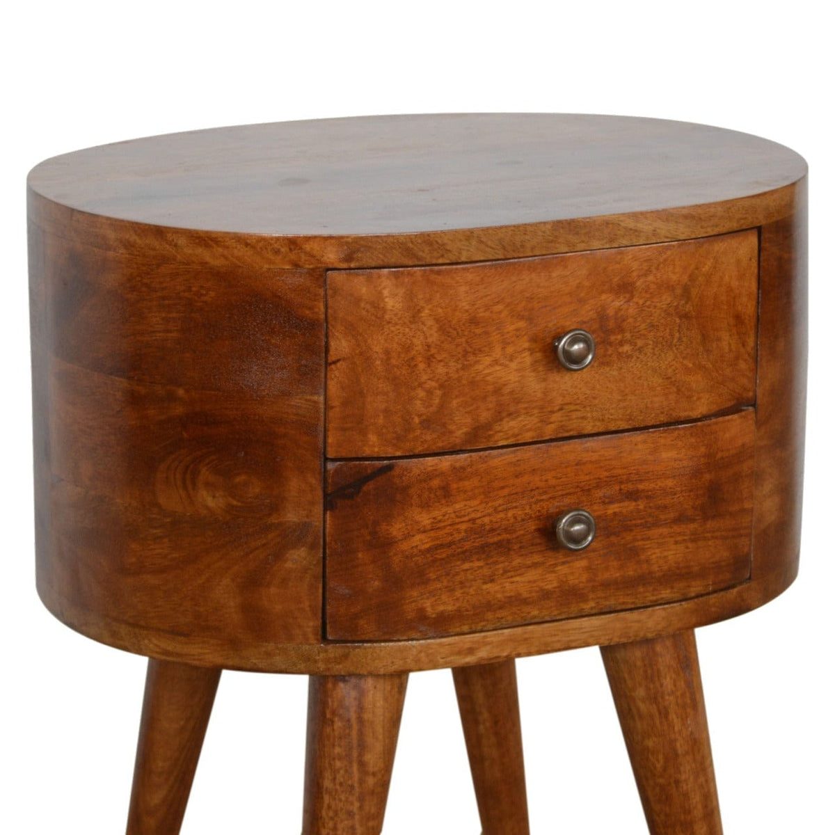 Chestnut Rounded Nightstand - Solid Mango Wood Bedside Table for Bedroom - product view 6 showing handcrafted solid mango...