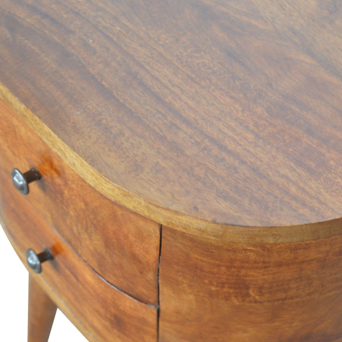 Chestnut Rounded Nightstand - Solid Mango Wood Bedside Table for Bedroom - product view 5 showing handcrafted solid mango...