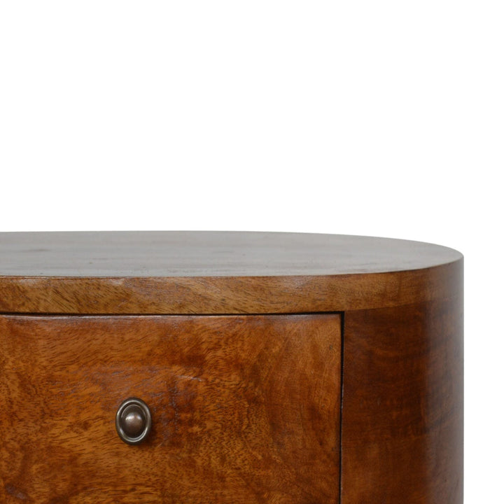 Chestnut Rounded Nightstand - Solid Mango Wood Bedside Table for Bedroom - product view 4 showing handcrafted solid mango...