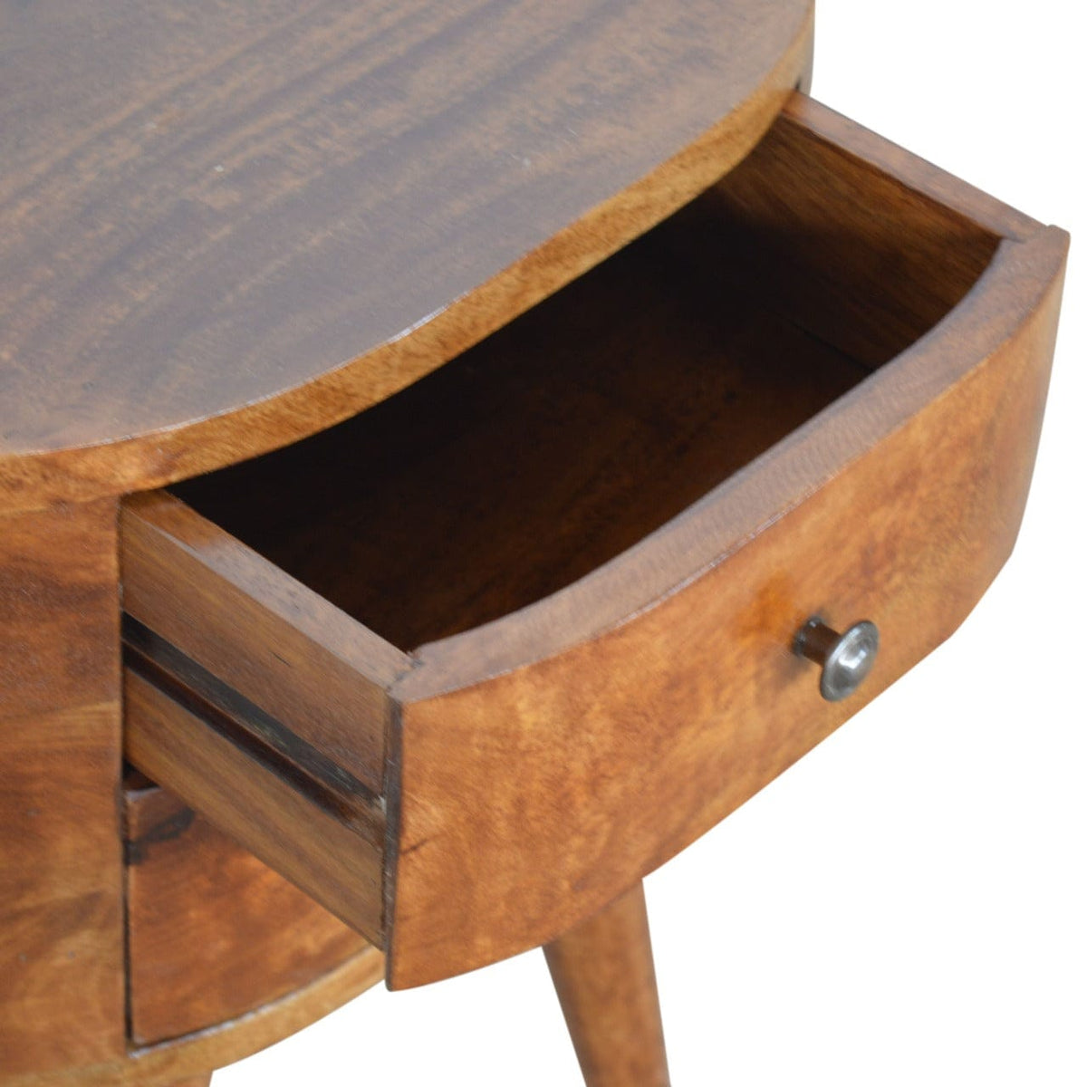 Chestnut Rounded Nightstand - Solid Mango Wood Bedside Table for Bedroom - product view 3 showing handcrafted solid mango...