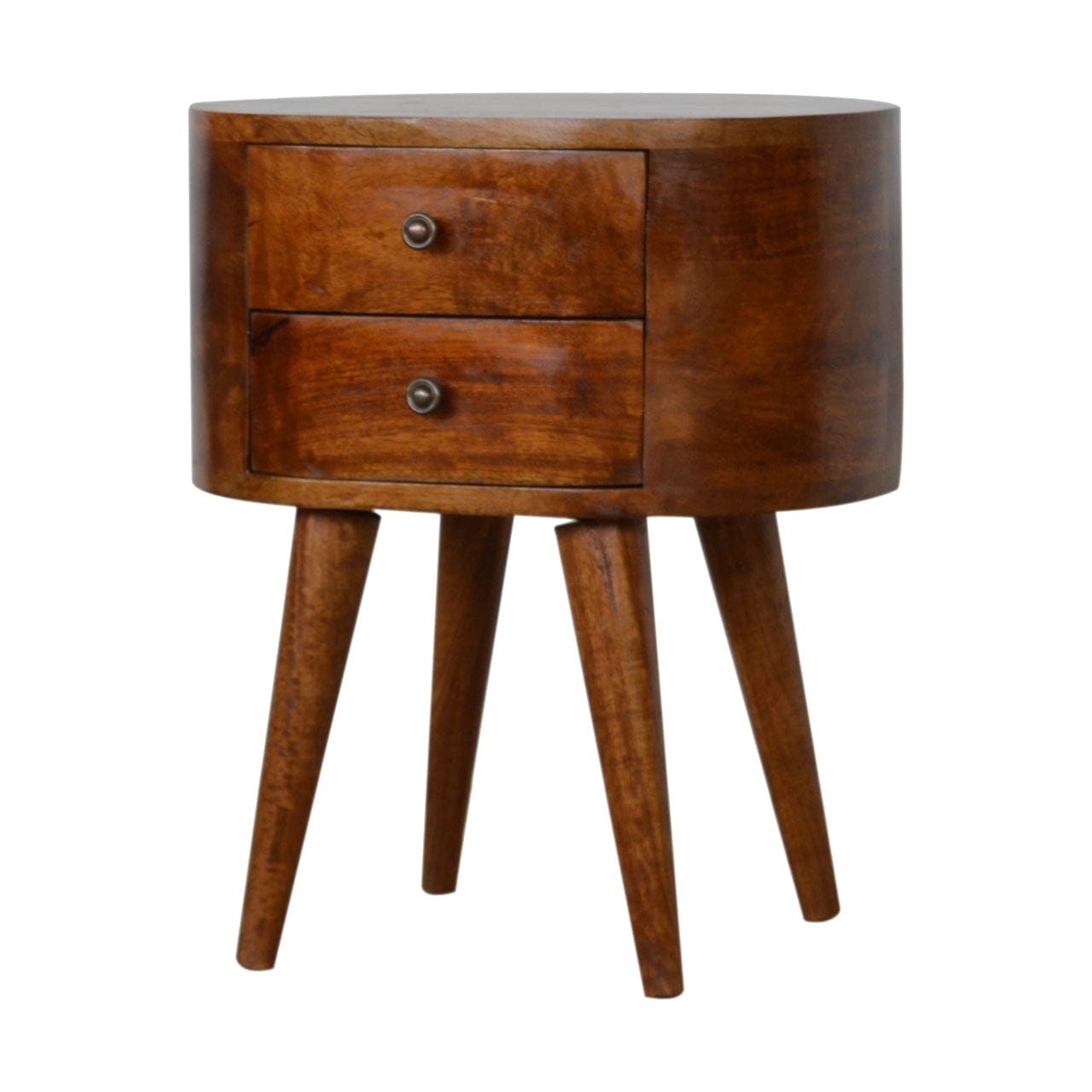 Chestnut Rounded Nightstand - Solid Mango Wood Bedside Table for Bedroom - product view 2 showing handcrafted solid mango...