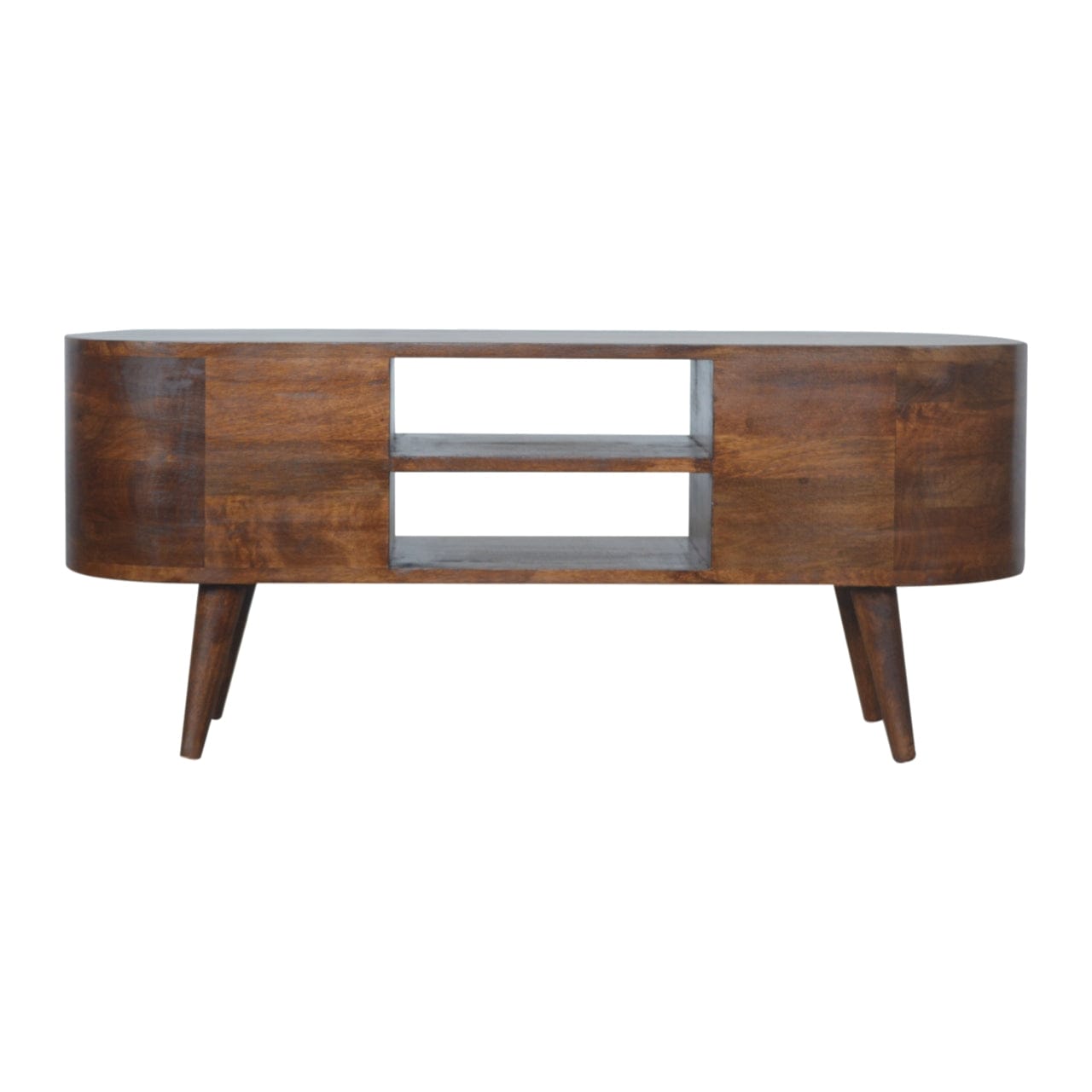 Chestnut Rounded TV Stand - Solid Mango Wood Entertainment Center for Living Room - product view 9 showing handcrafted...