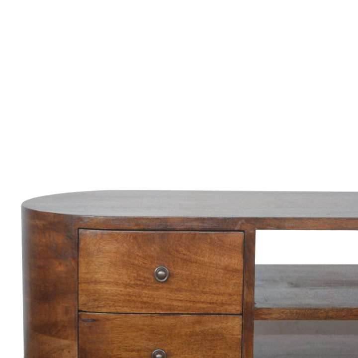 Chestnut Rounded TV Stand - Solid Mango Wood Entertainment Center for Living Room - product view 6 showing handcrafted...