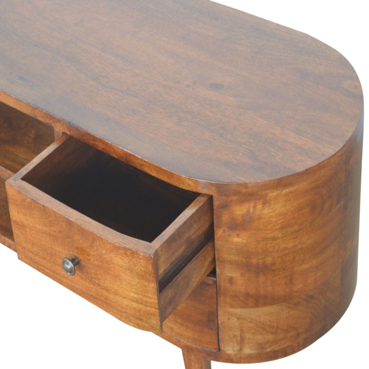 Chestnut Rounded TV Stand - Solid Mango Wood Entertainment Center for Living Room - product view 5 showing handcrafted...