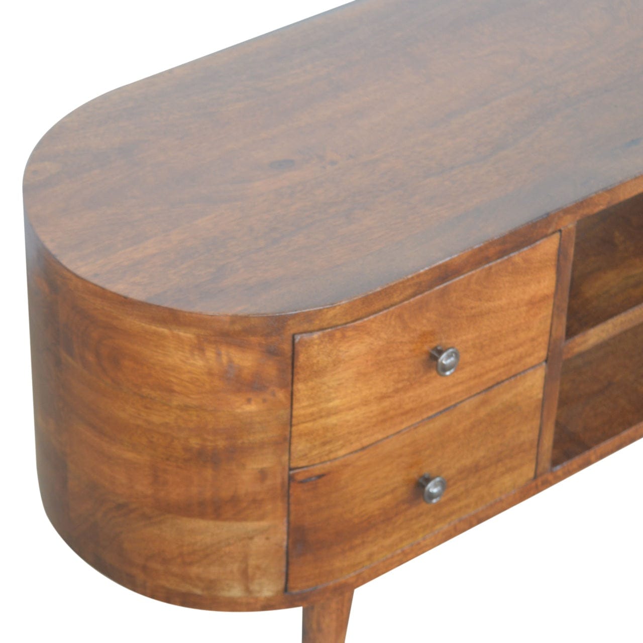 Chestnut Rounded TV Stand - Solid Mango Wood Entertainment Center for Living Room - product view 4 showing handcrafted...