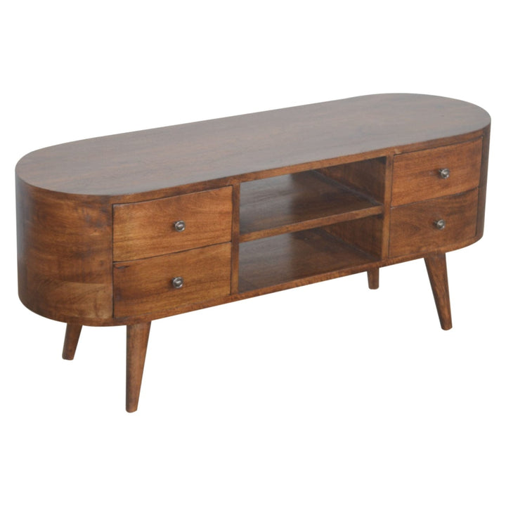 Chestnut Rounded TV Stand - Solid Mango Wood Entertainment Center for Living Room - product view 3 showing handcrafted...