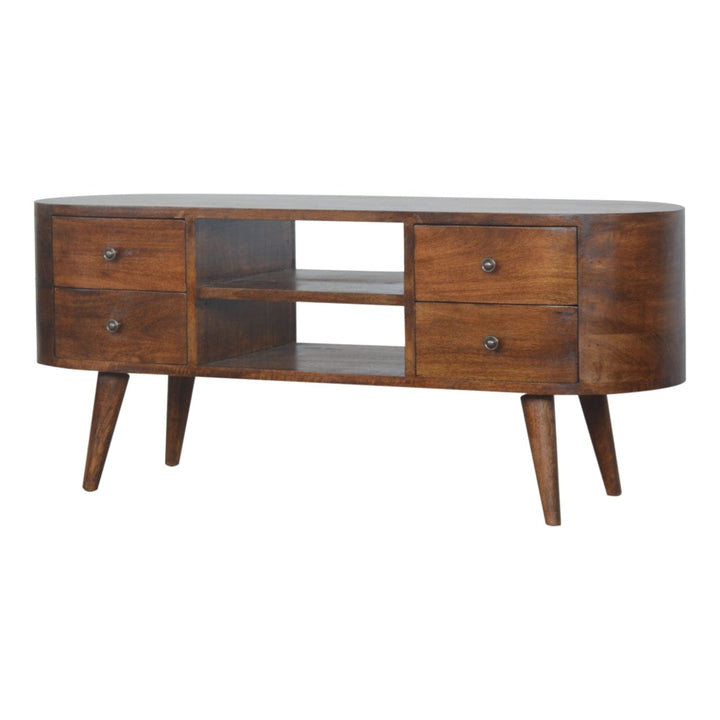 Chestnut Rounded TV Stand - Solid Mango Wood Entertainment Center for Living Room - product view 2 showing handcrafted...