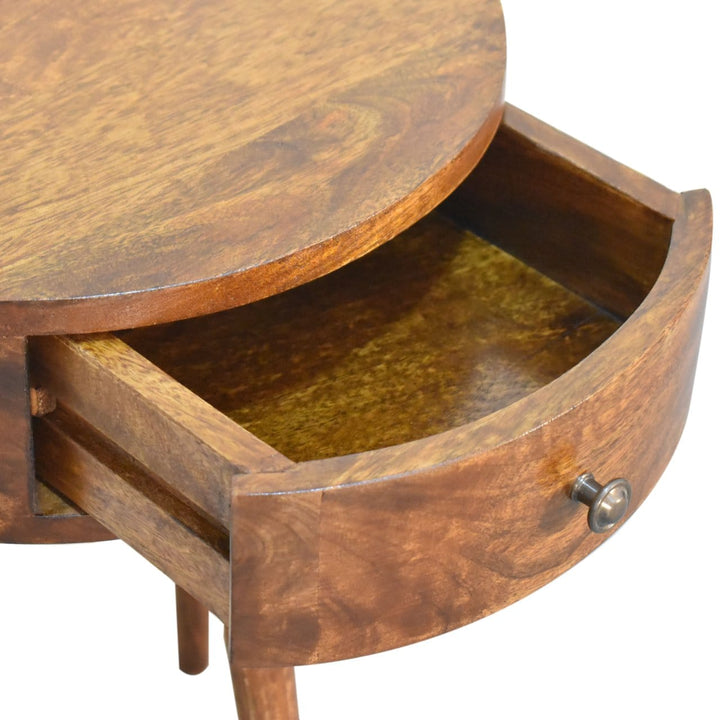Chestnut Semi Circle Nightstand - Solid Mango Wood Bedside Table for Bedroom - product view 6 showing handcrafted solid...