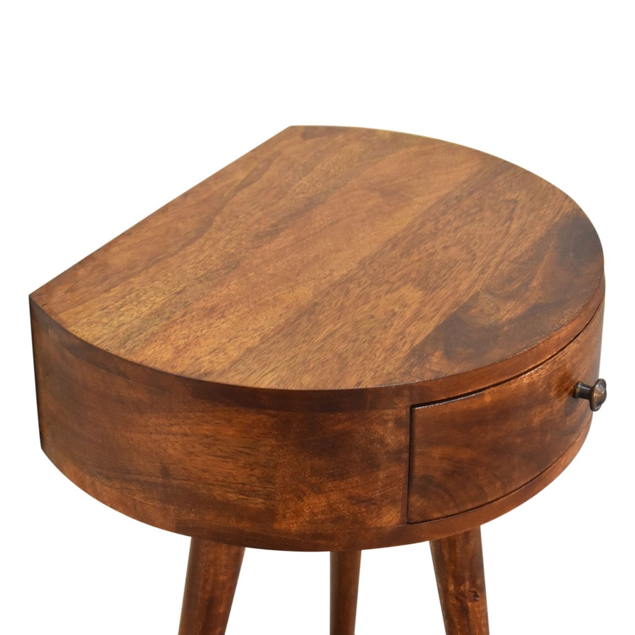 Chestnut Semi Circle Nightstand - Solid Mango Wood Bedside Table for Bedroom - product view 5 showing handcrafted solid...