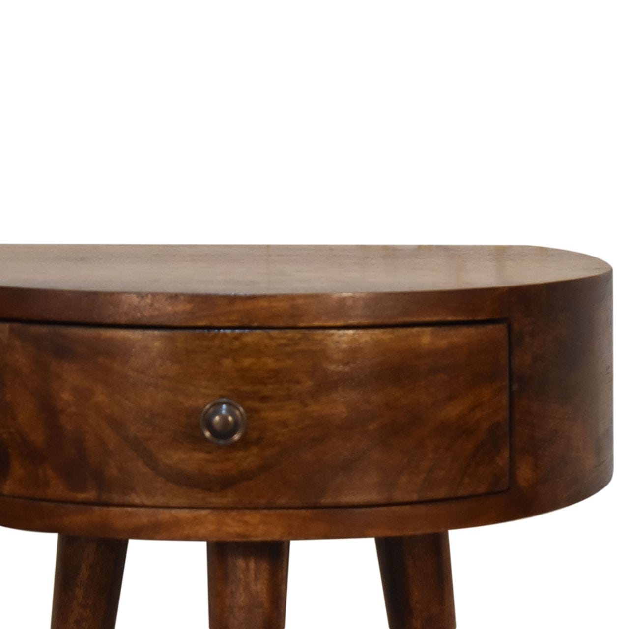 Chestnut Semi Circle Nightstand - Solid Mango Wood Bedside Table for Bedroom - product view 4 showing handcrafted solid...