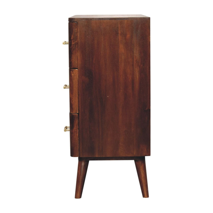 Chestnut T-Bar Dresser - Solid Mango Wood Storage Chest for Bedroom - product view 8 showing handcrafted solid mango wood...