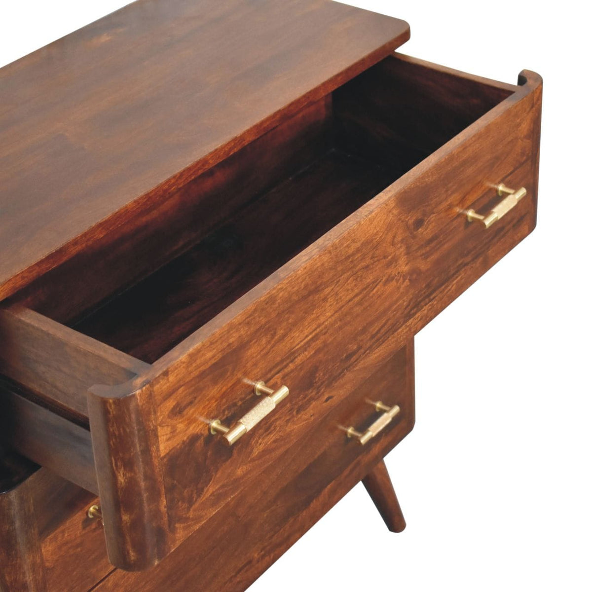 Chestnut T-Bar Dresser - Solid Mango Wood Storage Chest for Bedroom - product view 6 showing handcrafted solid mango wood...