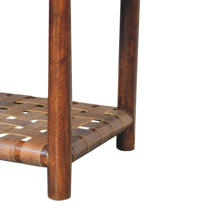 Chestnut T-Bar Nightstand - Solid Mango Wood Bedside Table for Bedroom - product view 8 showing handcrafted solid mango...