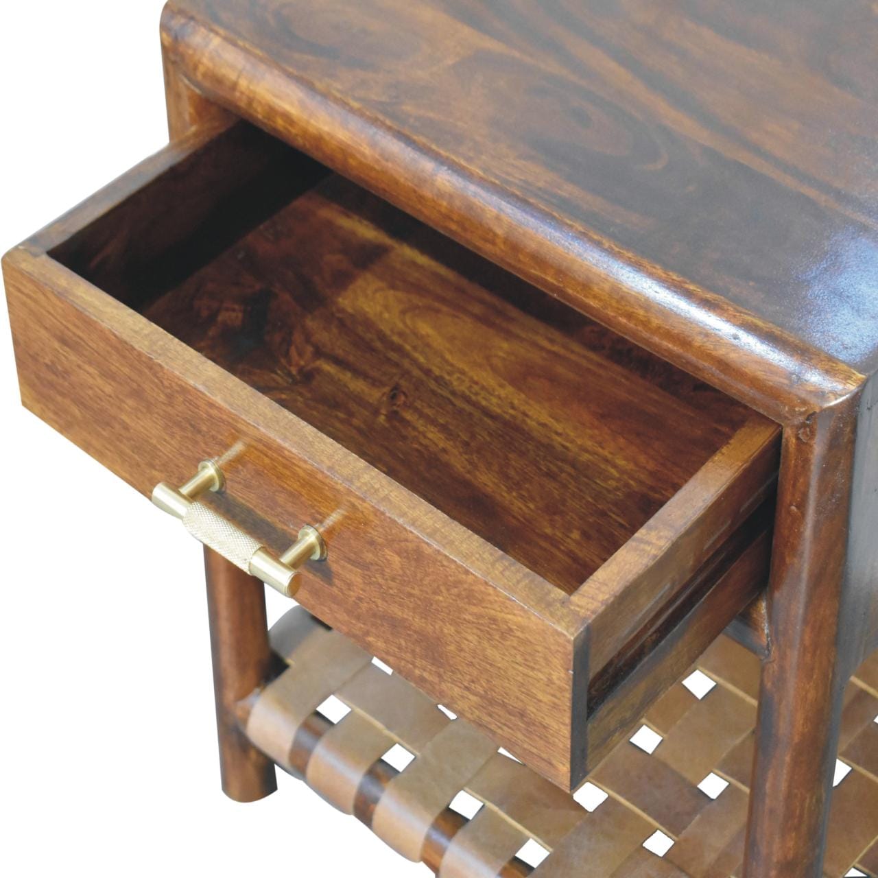 Chestnut T-Bar Nightstand - Solid Mango Wood Bedside Table for Bedroom - product view 6 showing handcrafted solid mango...