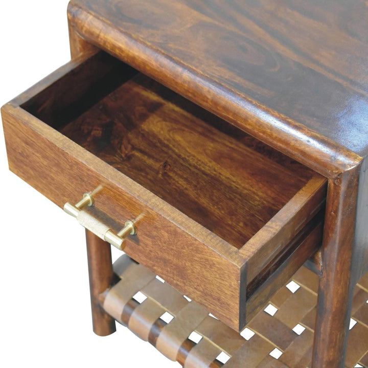 Chestnut T-Bar Nightstand - Solid Mango Wood Bedside Table for Bedroom - product view 6 showing handcrafted solid mango...