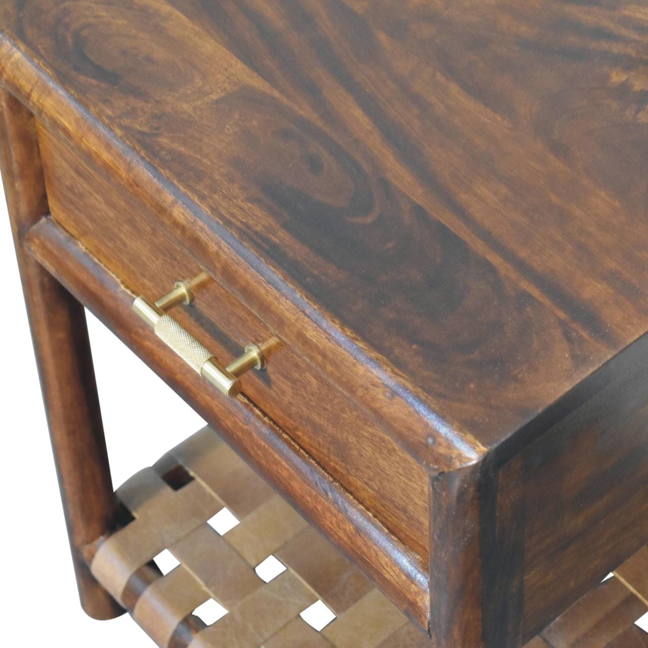 Chestnut T-Bar Nightstand - Solid Mango Wood Bedside Table for Bedroom - product view 5 showing handcrafted solid mango...