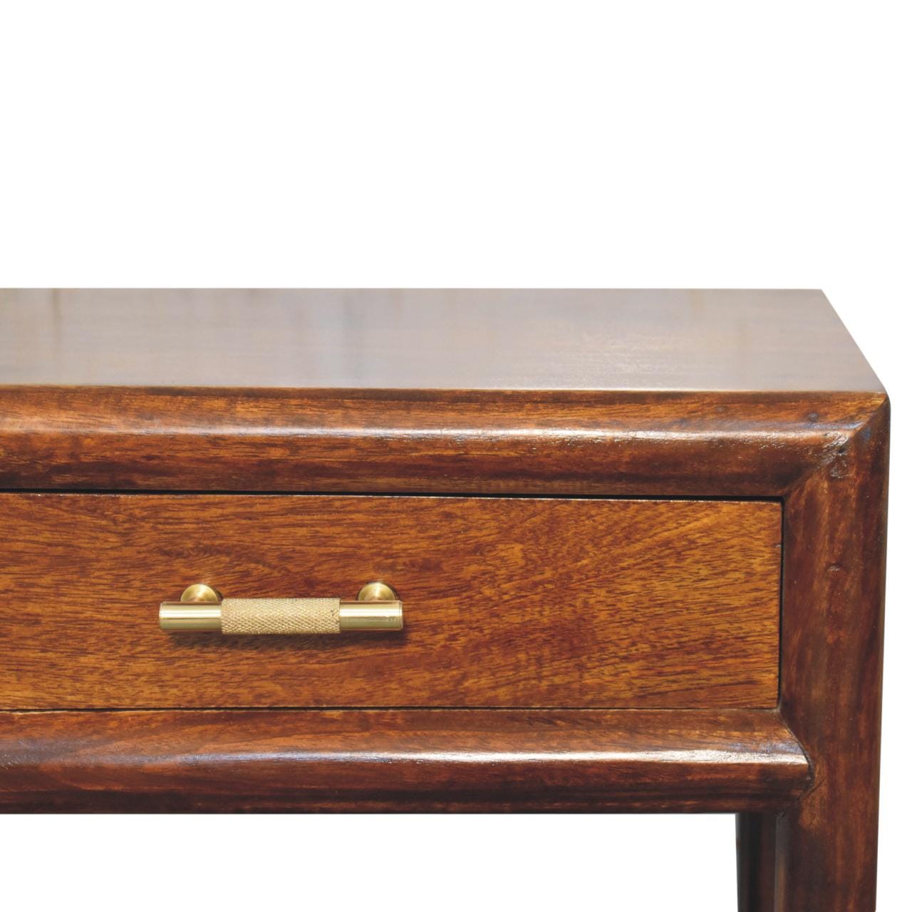 Chestnut T-Bar Nightstand - Solid Mango Wood Bedside Table for Bedroom - product view 4 showing handcrafted solid mango...