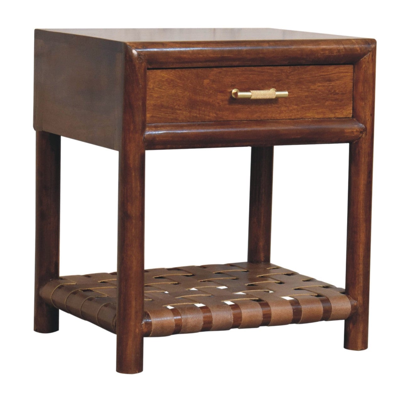 Chestnut T-Bar Nightstand - Solid Mango Wood Bedside Table for Bedroom - product view 3 showing handcrafted solid mango...