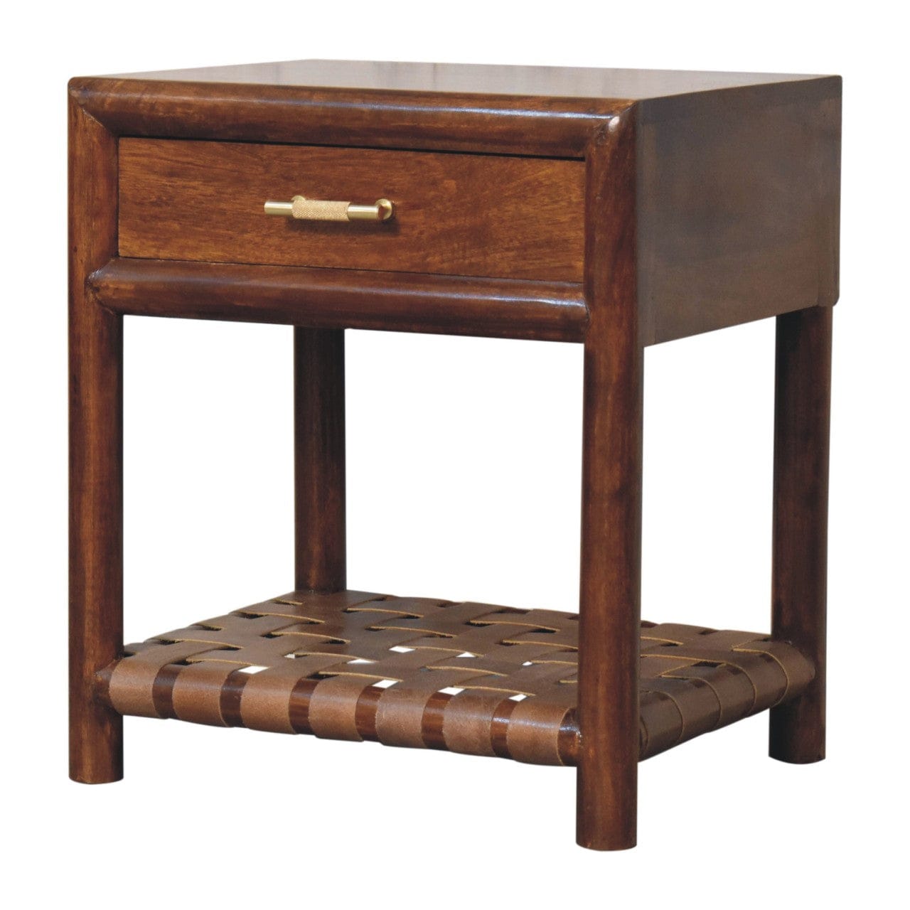 Chestnut T-Bar Nightstand - Solid Mango Wood Bedside Table for Bedroom - product view 2 showing handcrafted solid mango...