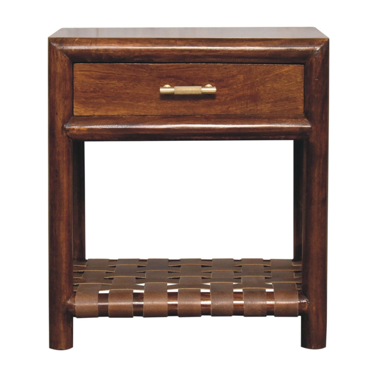 Chestnut T-Bar Nightstand - Solid Mango Wood Bedside Table for Bedroom - main view showing handcrafted solid mango wood...