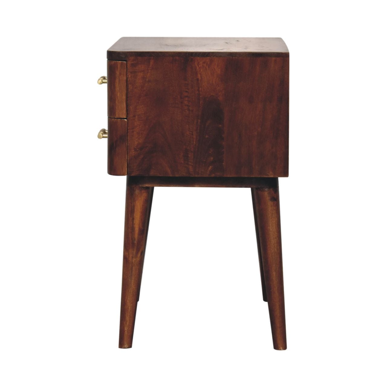 Chestnut T-Bar Nordic Nightstand - Solid Mango Wood Bedside Table for Bedroom - product view 9 showing handcrafted solid...