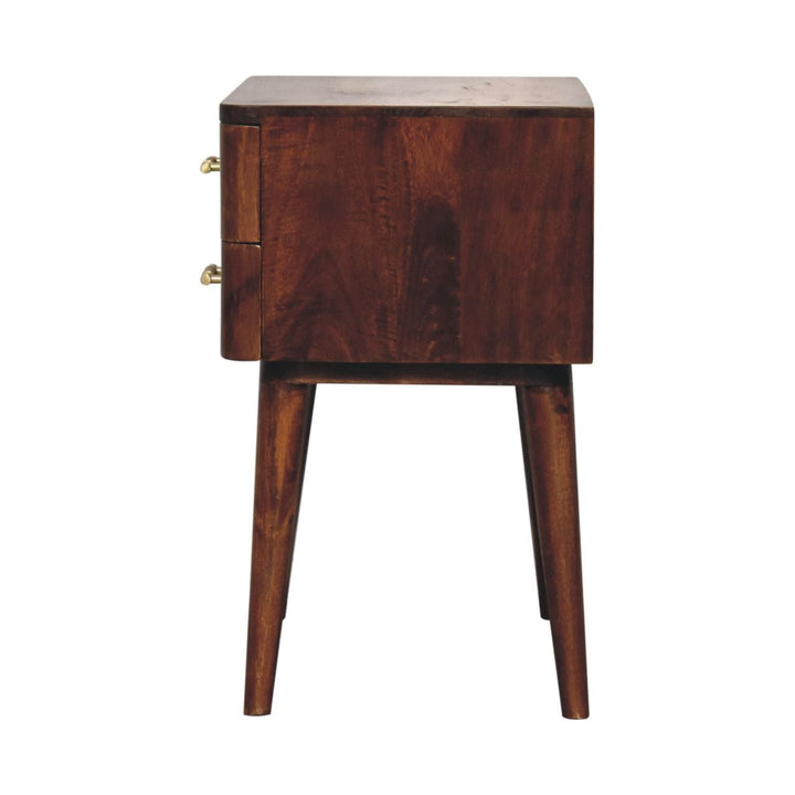 Chestnut T-Bar Nordic Nightstand - Solid Mango Wood Bedside Table for Bedroom - product view 9 showing handcrafted solid...