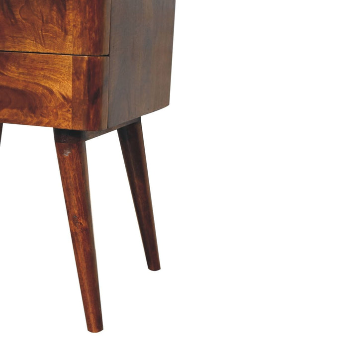 Chestnut T-Bar Nordic Nightstand - Solid Mango Wood Bedside Table for Bedroom - product view 8 showing handcrafted solid...
