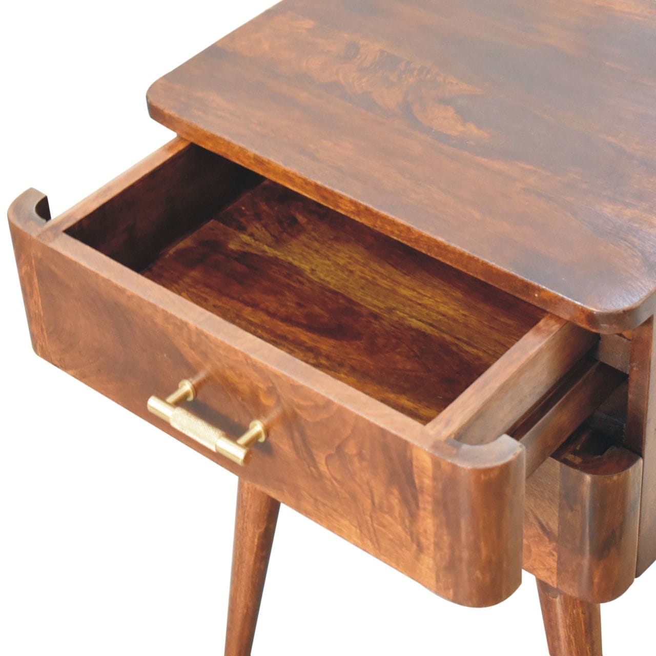 Chestnut T-Bar Nordic Nightstand - Solid Mango Wood Bedside Table for Bedroom - product view 7 showing handcrafted solid...