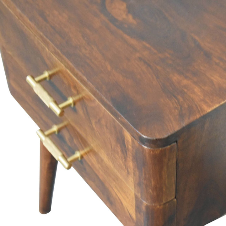 Chestnut T-Bar Nordic Nightstand - Solid Mango Wood Bedside Table for Bedroom - product view 6 showing handcrafted solid...